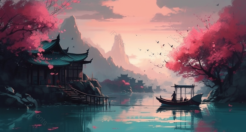 唯美新中式水彩山水背景图,插画/手绘图,插画/手绘图库,插画/手绘图下载,插画/手绘